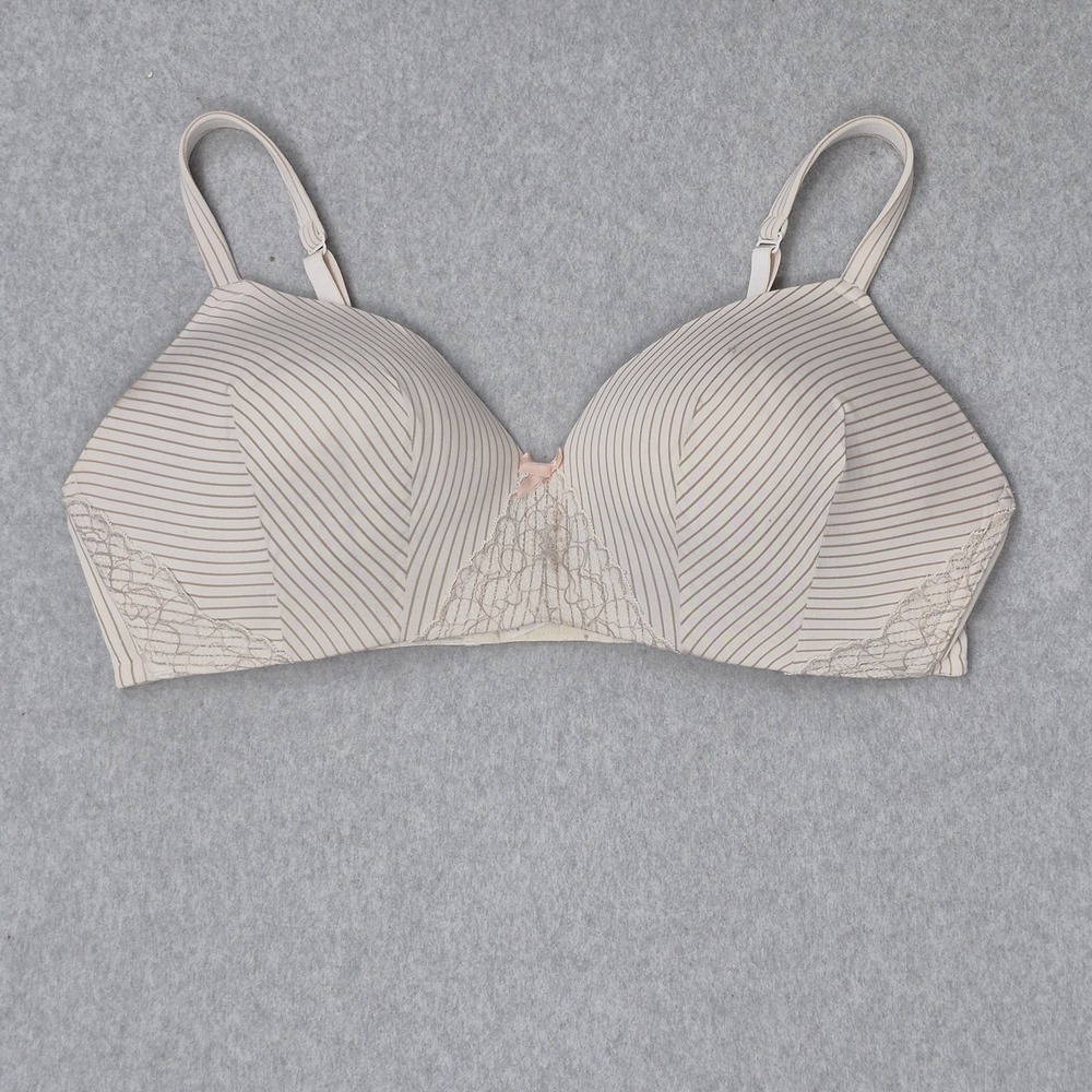 Cacique Women‎ Bra 42DD Beige Striped T Shirt Underwired Lace Bow Strap